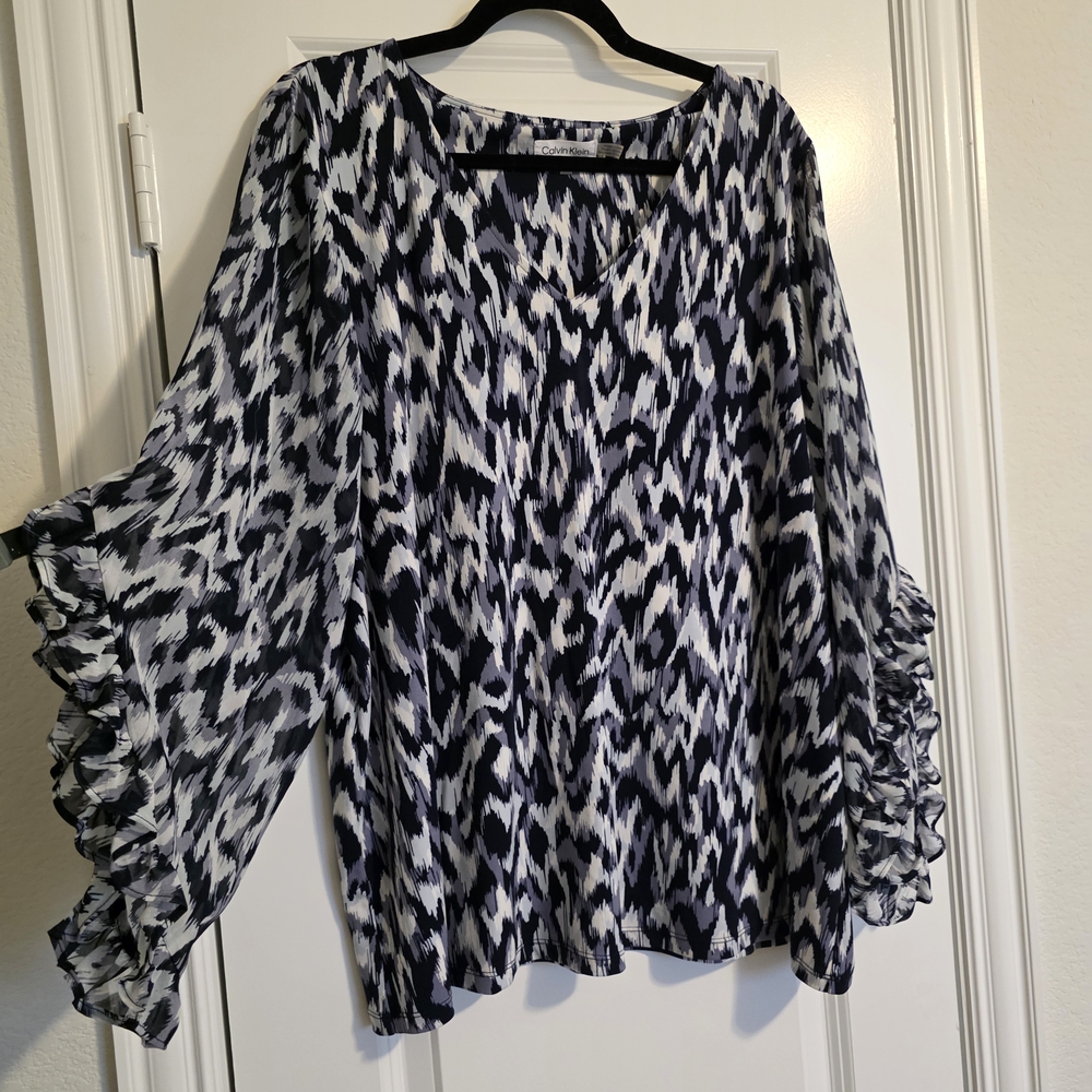 Calvin Klein Navy and White Printed Ruffle Sleeve Blouse